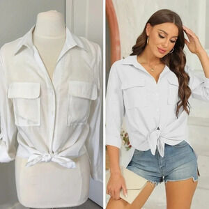 Basic White Button Down V-Neck  Top